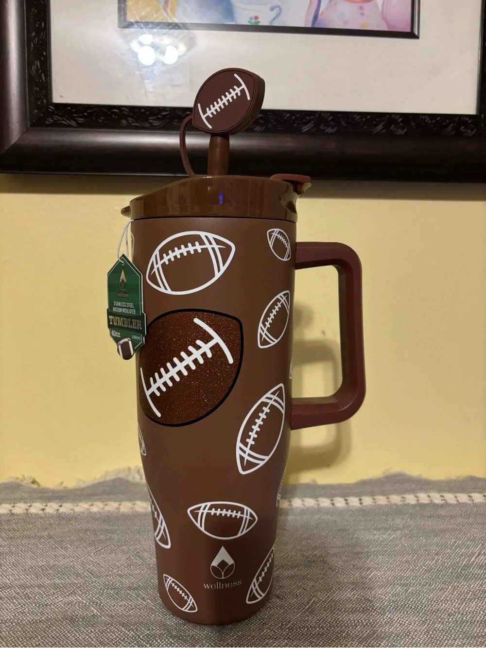 Wellness Brown Football-Print Travel Tumbler with Handle